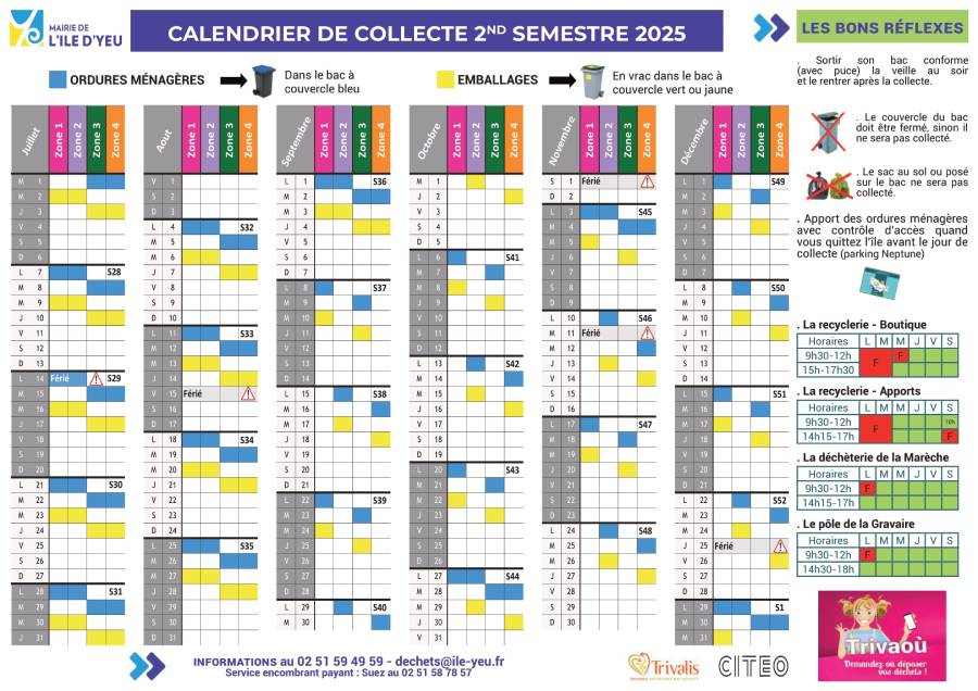 calendrier 2025 semestre 2 ordure ménagère ile yeu