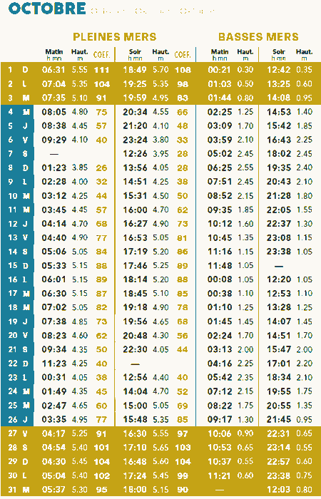 Calendrier marée Ile d'Yeu 2023: coefficients et horaires 🌊