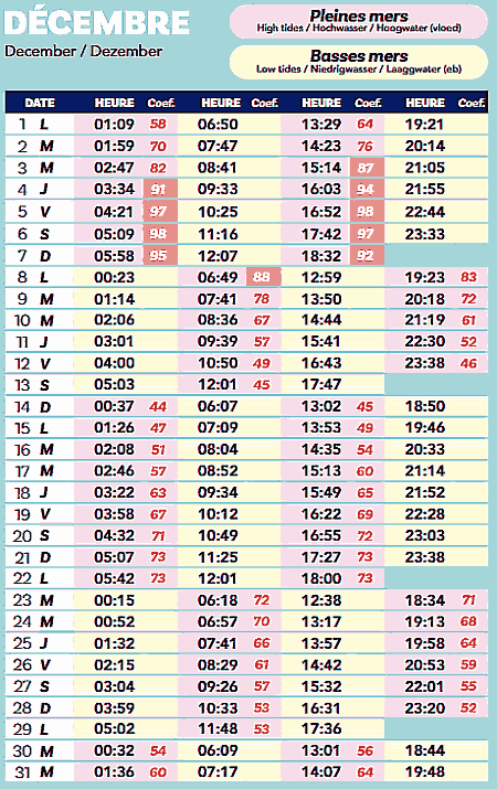 calendrier 2025 décembre marée ile yeu