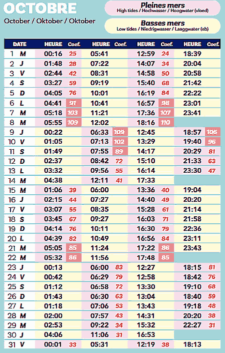 calendrier 2025 octobre marée ile yeu