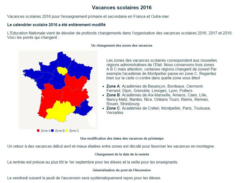 Nouvelles zones de vacances scolaire en France